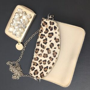 Leopard Print LEATHER Chain Shoulder Bag & Small Jeweled Wallet